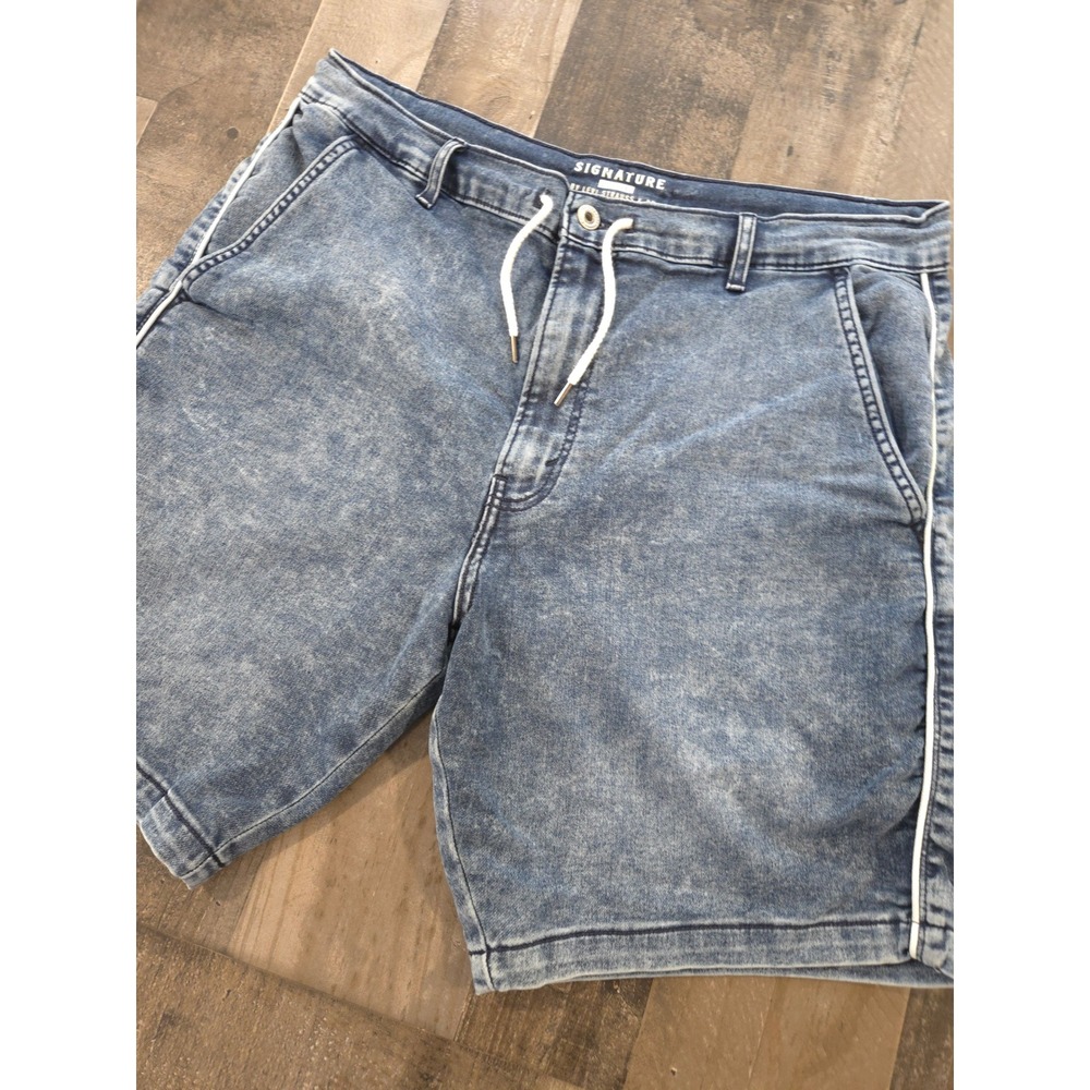 Signature by Levi Strauss & Co Mens 34 Acid Wash Denim Jogger Shorts Blue Stripe